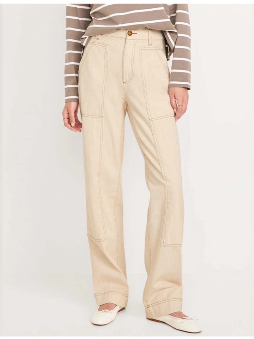 Old Navy Women Carpenter White Pants with Brown Stitching